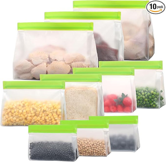 iSPECLE 10 Pack Freezer Bags - 3 Pack Gallon Bags 4 Pack Sandwich Bags 3 Pack Snack Bags BPA-Free Reusable Freezer Bags with Stand-Up Bottom and Label, Leakproof to Keep Frozen Food Fresh, Green