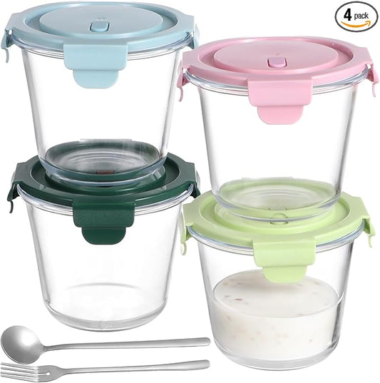 4 Pack Round Glass Meal Prep Containers with Airtight Lids, Leak-proof Storage Containers Set, Reusable Glass Soup Containers Overnight Oats Containers for Leftover, Fruit, Microwave & Freezer Safe