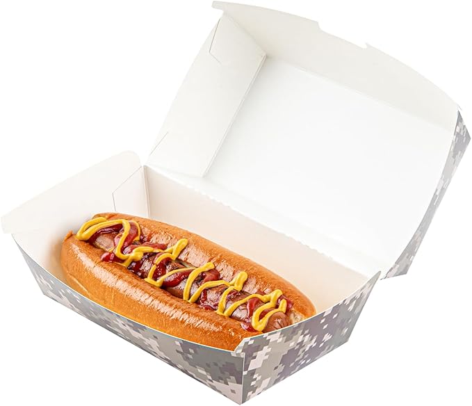 Restaurantware Bio Tek 6.7 x 3.5 x 3.5 Inch Clamshell Food Containers 100 Disposable Sandwich Containers - Hinged Lid Tab-Lock Closure Camouflage Paper Hot Dog Containers Durable Greaseproof