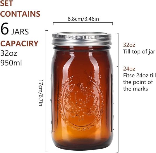 eleganttime Amber Glass Mason Jars 32 oz Wide Mouth 6 Pack,Amber Quart Canning Jars with Airtight Lids and Bands for for Canning, Freezing, Fermenting,Preserving, Beverages & Jar Decor