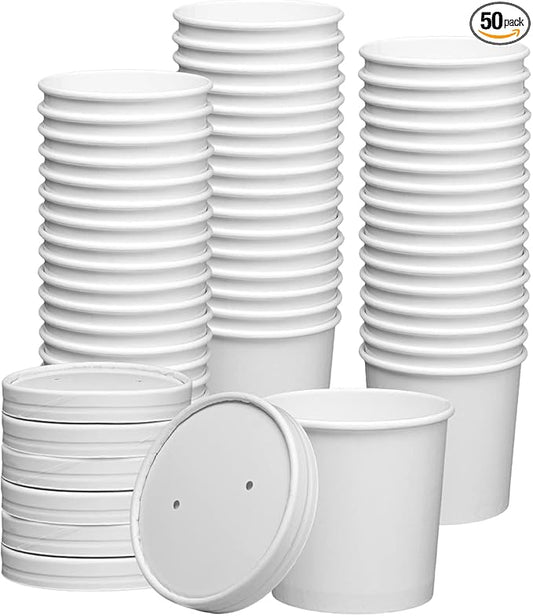 GUSTO [12 oz. - 50 Count White Paper Food Containers with Vented Lids - To Go Hot Soup Bowls, Disposable Ice Cream Cups, Ideal for Hot and Cold Foods - (Formerly Comfy Package)