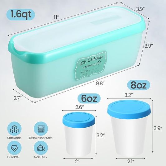 10 Pcs Ice Cream Containers Reusable Plastic Storage Containers for Freezer 1.5 Quart 8 oz 6 oz Homemade Ice Cream Tubs with Silicone Lids Stackable Storage for Gelato, Yogurt, Sorbet