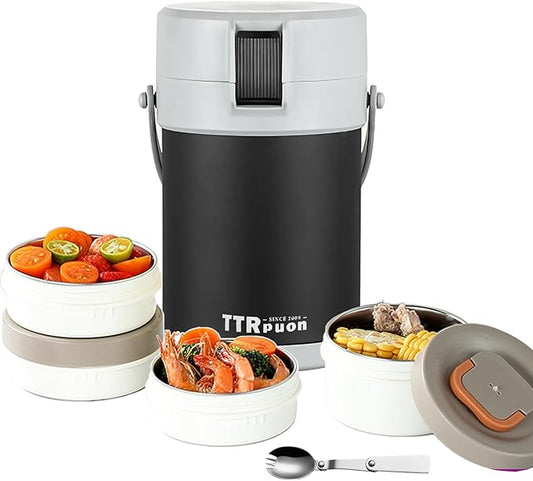67oz Thermo for Hot Food, 3 Tier Stainless Steel Leak Proof Stackable Thermo Food Jar, lunch box Containers With Folding Spoon For Office Picnic Travel Outdoors (Matte Black)