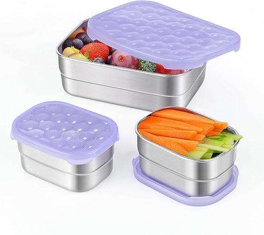 Small Stainless Steel Lunch Containers for Kids | Leak Proof BPA Free Snack Containers with 100% Pure Silicone Lids - Perfect Metal Lunch Box with Lids for School and Daycare (25oz+8oz*2)