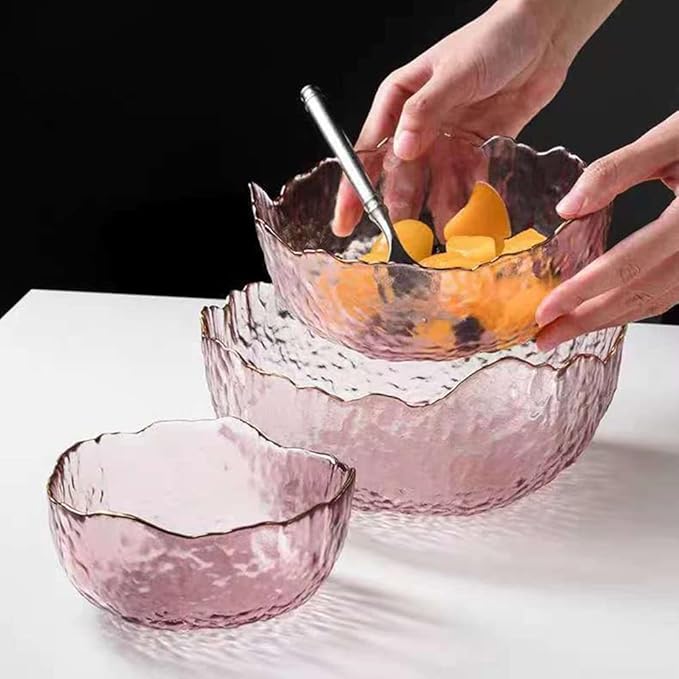 Glass Salad Bowls Set of 3, Space-saving Nesting Bowls, Irregular Shape Decorative Cereal Container, Glass Cooking Bowls, Glass Prep Bowls For Fruit, Dessert, Freezer Safe (Purple Pink)