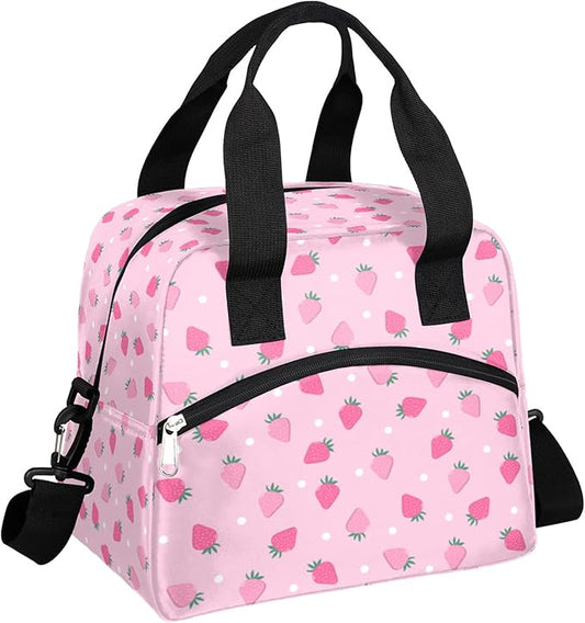 Pardick Pink Strawberry Insulated Lunch Bag Polka Dot Lunch Box for Women Girl with Shoulder Strap Tote Bag Reusable Large Containers Meal Prep for School Work Travel Picnic Thermal Cooler Bag