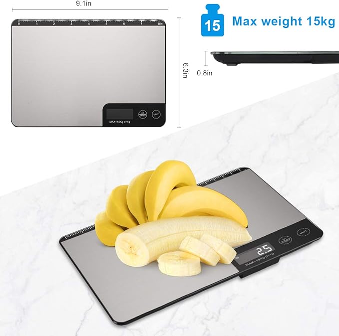 MAX 33lb Kitchen Scale with Measure Length(8inch), Food Scales Digital Weight Grams and Oz with Shrink Hook, 6 Units, Tare Function, High Precision to 1g/0.1oz for Baking and Cooking
