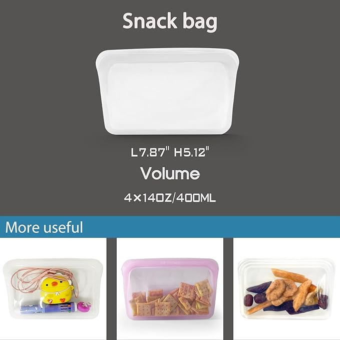 KVK Platinum Reusable Silicone Bags - 4 Pack Flat Silicone Snack Bags - Double Lock Leakproof Silicone Food Storage Bags Oven Freezer Dishwasher Safe - Clear&Lavender