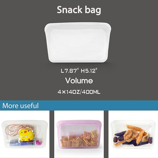 KVK Platinum Reusable Silicone Bags - 4 Pack Flat Silicone Snack Bags - Double Lock Leakproof Silicone Food Storage Bags Oven Freezer Dishwasher Safe - Clear&Lavender