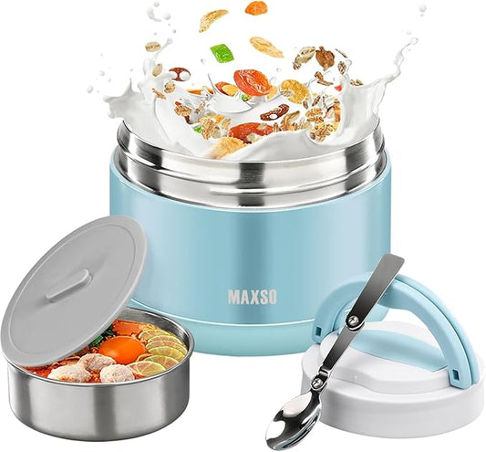 MAXSO Food Jar for Hot Food - 24 OZ Soup Thermo for Adults Vacuum Insulated Lunch Containers with Foldable Spoon & Thermal Bag, Wide Mouth Leakproof Bento Box - Blue