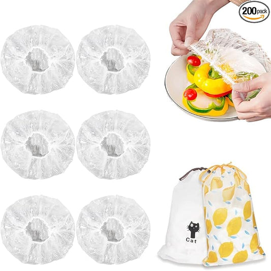 200PCS Plastic Bowl Covers Reusable, Thicken Plastic Covers Elastic Bowl Covers for Bread Proofing, Picnic Food Leftover Covers Stretch Plastic Cover Food for Family Outdoor Picnic