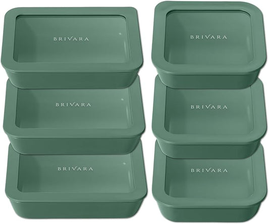 Ceramic Coated Glass Food Storage Container | No PTFE, PFOA, PFAS, and BPA | Reusable Non Toxic Meal Prep Container with Glass Lid | Easy To Store | 6 Piece Food Prep [Pine]