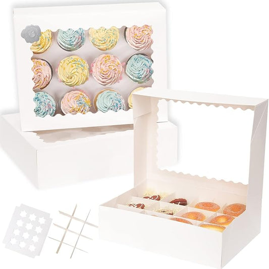qiqee 12 Cupcake Boxes with Window 16-Packs White Cupcake Box 13"x10"x3.5" Cupcakes Carrier, 12 Cupcake Containers