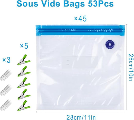 Reusable Sous Vide Bags 53Pcs BPA-Free, 2.9L Vacuum Sealer Bags for Cooking & Microwave, 45 Zipper Bags, 3 Seal Clips ＆ 5 Cooking Clips, Heat-Resistant & Leakproof (10x11in)