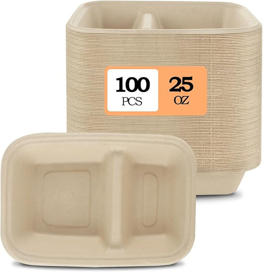 100PCS 2 Compartment Paper Bowls Disposable Meal Prep Containers Paper 2 Compartments Paper Chip and Dip Bowls for Nacho, Cheese, Chip and Salsa, Microwavable