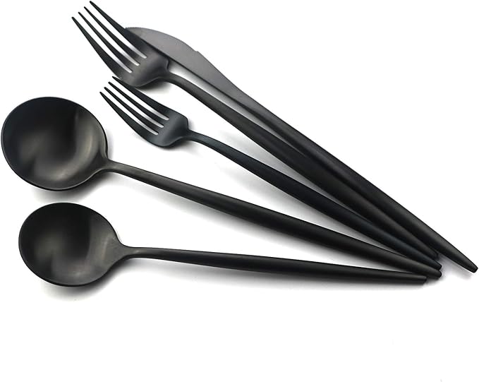 24-Piece Matte Black Handle 18/10 Stainless Steel Silverware Set, Titanium Black Cutlery, Flatware Set for Home & Restaurant, Dishwasher Safe
