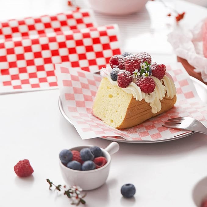GeeRic Waxed Deli Paper Sheets 12 * 12 Inch, 200 Pcs Food Basket Liners for Sandwiches, Burgers, Checkered Deli Wrap Wax Paper Sheets Red