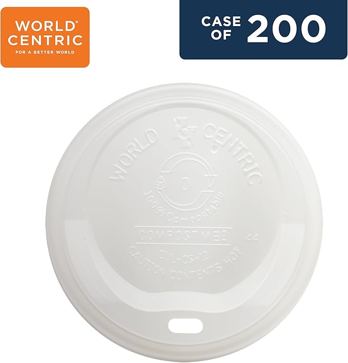 World Centric Compostable Cup Lids 10-20 oz - Made from Plants, Leak-Resistant - 200 Pack