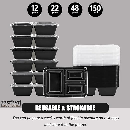 48 Pack Meal Prep Containers, 43OZ Bento Box, 3 Compartment Divided Food Storage Containers Durable Stackable Reusable, For Microwave/Dishwasher/Freezer（48 Trays & 48 Lids）