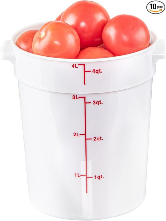 Restaurantware-Met Lux 4 Quart Food Storage Containers, 10 White Storage Containers - Lids Sold Separately, Red Volume Markers, Dishwashable Containers, Side Handles, For Storing Foods