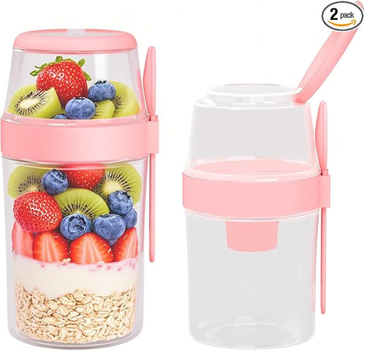 2 Pack Reusable Leak-Proof Overnight Oats Container with Dual-Layer Compartment, Built-in Dipping Box, with Spoon & Airtight Lids, Meal Prep Jar for Yogurt Parfait, Chia Pudding (Pink)