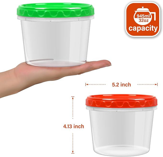 32oz Plastic Containers with Lids,Reusable Freezer Meal Prep Food Leftover Storage Jars Bowls Stackable,12-pack