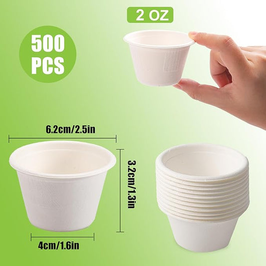 Blcculi 500 Pack Compostable Portion Cups,2 OZ Disposable Souffle Cups,White Bagasse Fiber Cups,Biodegradable Sauces Cups,Compostable Condiment Cups,Sample Cups for Snack, Salad, Dressing