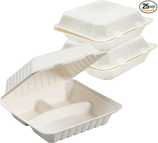 100% Compostable 3 Comp Take Out Food Containers 9x9. 25 Containers, Natural Disposable Bagasse, Eco-Friendly Biodegradable Made of Sugar Cane, Green (PW3comptbagasse-25ct)