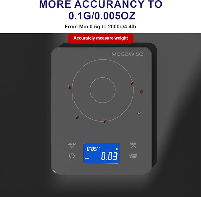 MEGAWISE High Precision 0.1g Coffee/Food Scale with Timer, Dual Power Supply, Waterproof Tempered Glass, 5 Weighing Modes, Professional Coffee Brewing Timer Kitchen