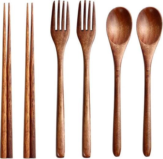 Hemoton 6 Pcs Wooden Flatware Tableware Cutlery Set Travel Utensils Wooden Fork Spoon Chopsticks Reusable Flatware Utensils for Kitchen Dinning Table