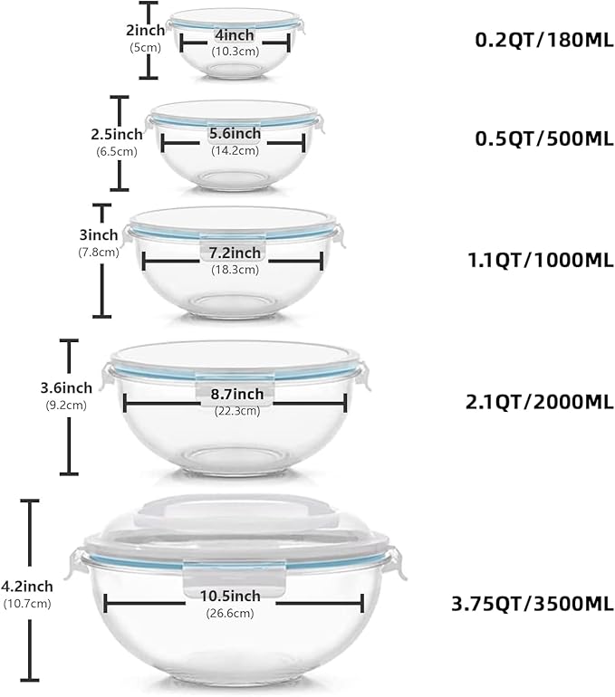 Glass Mixing Bowl with Lids Set of 5, 0.2, 0.5, 1.1, 2.1, 3.75 QT, Large Salad Bowls with BPA-Free Lids, Space-Saving Nesting Bowls for Kitchen Food Storage, Glass bowl for Cooking, Baking