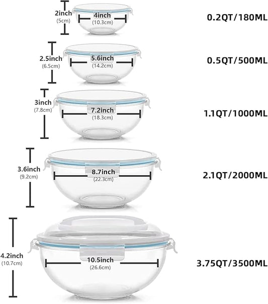 Glass Mixing Bowl with Lids Set of 5, 0.2, 0.5, 1.1, 2.1, 3.75 QT, Large Salad Bowls with BPA-Free Lids, Space-Saving Nesting Bowls for Kitchen Food Storage, Glass bowl for Cooking, Baking