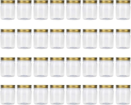novelinks 8 Ounce Clear Plastic Jars with Gold Lids - Refillable Round Containers - Storage Containers for Kitchen & Household Storage - BPA Free (32 Pack)