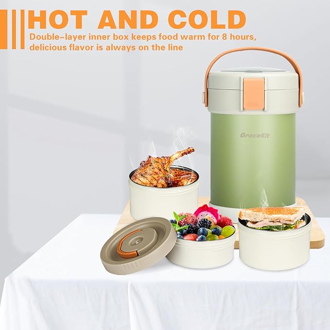 Thermo for Hot Food 3-Layer Termos Para Comida Caliente 67oz Leakproof Lunch Box for Men Women Adults - Insulated Soup Container w/Cutlery, Collapsible Cup & Thermal Bag, Office Camping Travel