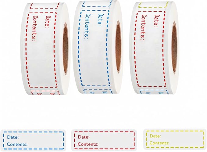 Freezer Labels 375pcs - 3"x1" Self-Adhesive Removable Food Labels | Write-On Waterproof & Oil-Proof Tape for Containers, Meal Prep & Pantry Organization (3 Rolls, 3 Colors)