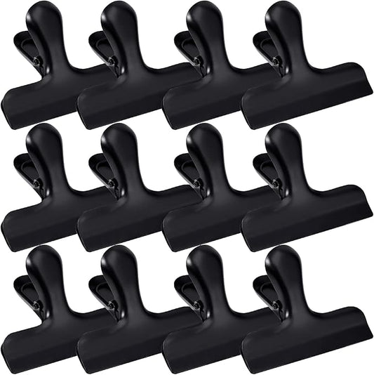 12 Pack Stainless Steel Chip Bag Clips,Chip Clips 3 Inch Wide,Metal Food Bag Clips Heavy Duty,Round Edge Air Tight Seal Grips on Coffee Food Bread Bags,Food Clips for Office Kitchen Home Usage (Black)