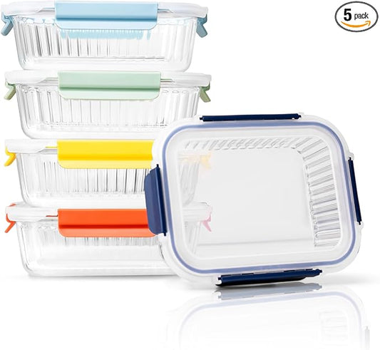 5-Pack 36 oz Sculpted Glass Food Storage Containers with Lids - Borosilicate Glass Meal Prep Container - Airtight, Leak-Proof Food Prep Containers, Microwave, Freezer, Oven Safe & BPA Free