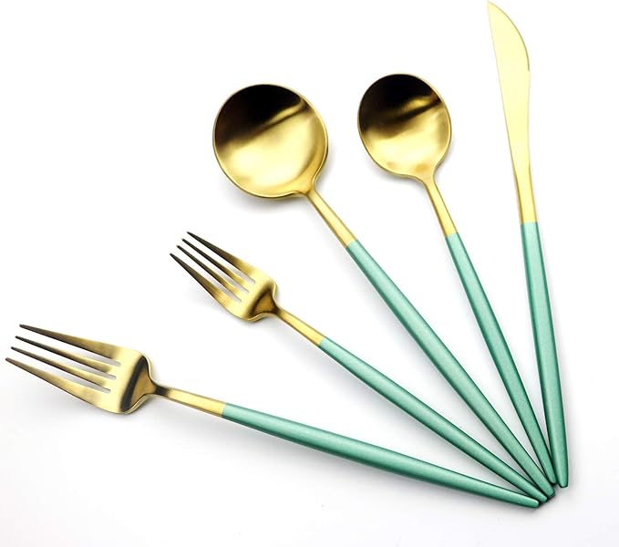 Green Gold Flatware, Royal 5 Pieces Matte White Handle 18/10 Stainless Steel Tableware Sets for 1 Including Forks Spoons Knives, Camping Silverware Travel Utensils Set Cutlery (Green Gold)