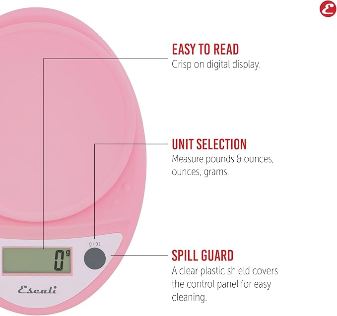 Escali Primo Digital Food Scale Multi-Functional Kitchen Scale and Baking Scale for Precise Weight Measuring and Portion Control, 8.5 x 6 x 1.5 inches, Soft Pink