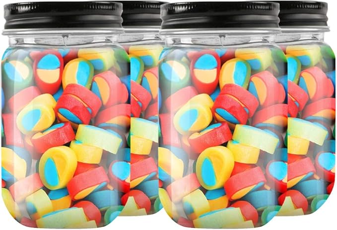 NovelinKs 16 Ounce Plastic Jars with Black Lids - Refillable Round Clear Containers - Storage for Kitchen & Household - BPA Free (10 Pack)