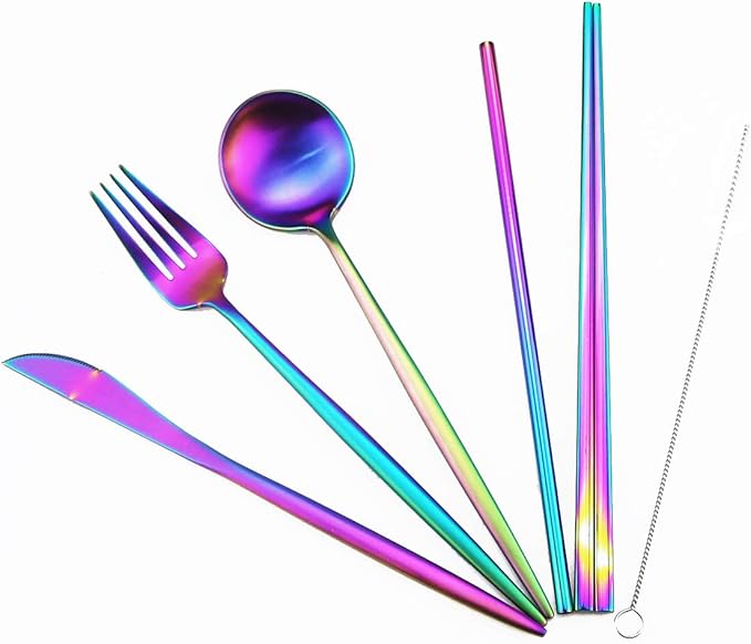 Reusable Travel Utensils, 7 Piece Portable 304 Stainless Steel including Knife Fork Spoon Chopsticks Cleaning Brush Straws Portable Pouch, Eco-friendly Camping Silverware Set, Dishwasher Safe