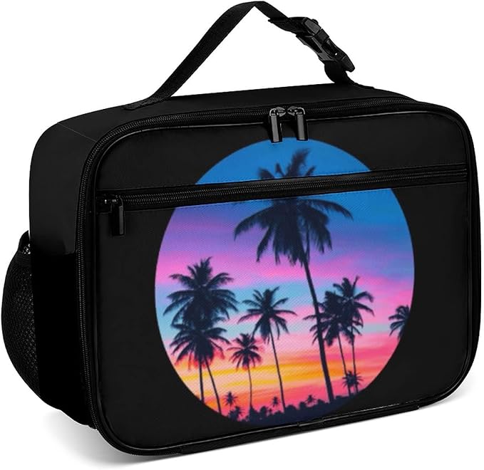 Palm Trees Sunset Reusable Lunch Box Insulated Lunch Bag Cooler Bag Lunchbox Meal Food Container Tote Bag for Women Kids Girls Boy School Camping Hiking Picnic Beach Travel