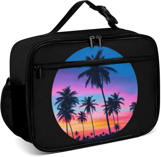 Palm Trees Sunset Reusable Lunch Box Insulated Lunch Bag Cooler Bag Lunchbox Meal Food Container Tote Bag for Women Kids Girls Boy School Camping Hiking Picnic Beach Travel
