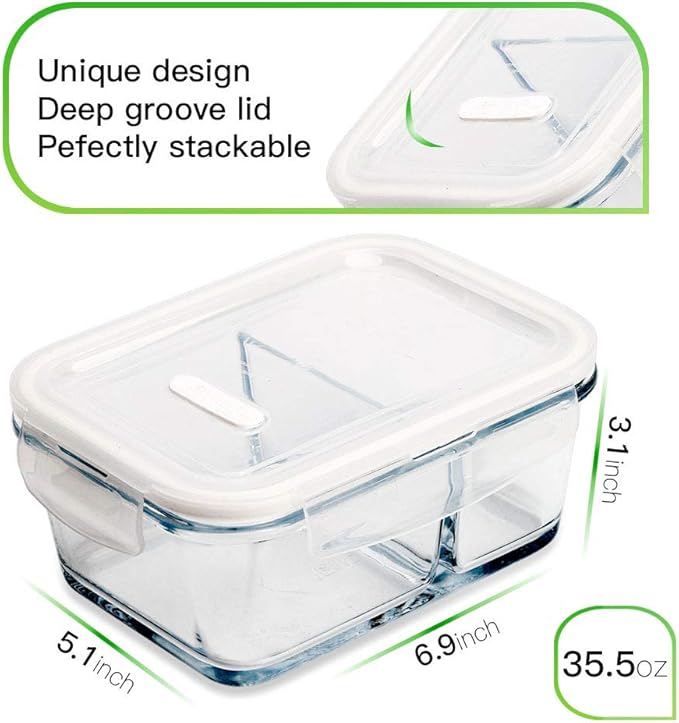 DAS TRUST [5-Pack,36 Oz Glass Meal Prep Containers 2 Compartments Portion Control with Upgraded Snap Locking Lids Glass Food Storage Containers, Microwave, Oven, Freezer (4.5 Cups, White)