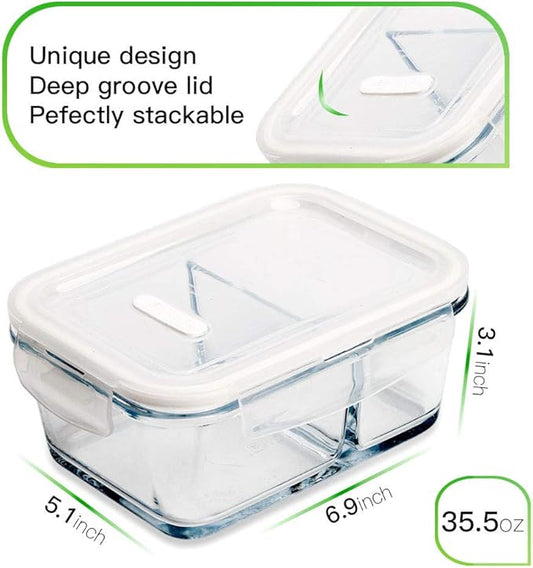 DAS TRUST [5-Pack,36 Oz Glass Meal Prep Containers 2 Compartments Portion Control with Upgraded Snap Locking Lids Glass Food Storage Containers, Microwave, Oven, Freezer (4.5 Cups, White)
