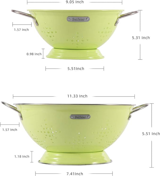 Metal Colander 2 Pack, Strainer Bowel with Handles 2Qt & 6Qt Powder Coated Solid Ring Base Heavey Duty Kitchen Drainer Basket for Pasta Veggies and Fruits,New Home Apartment Essentials (LightGreen)
