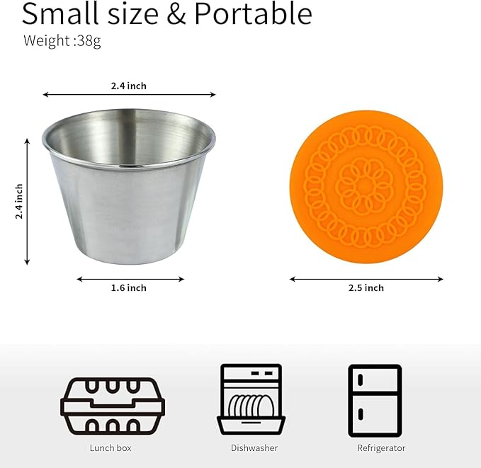 10 Pcs 2.5 oz Salad Dressing Container To Go, Stainless Steel Condiment Containers Cups with Silicone Lids, Leakproof & Reusable Sauce Containers for Snacks, Dipping Sauce,Ice Cream