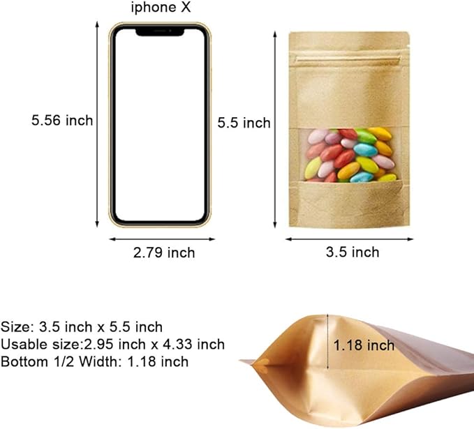 100 Pcs Resealable Stand Up kraft Paper Bags with Window for Packaging Products, Reusable Zip Lock Food Storage Pouch Bags (3.5" x 5.5")