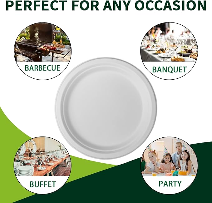 150 Pieces 10" White Compostable Sugarcane Fiber Plates - Heavy Duty, Microwave & Freezer Safe, BPA Free, Biodegradable - Perfect for Daily Meals, Parties, Weddings