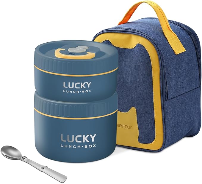 VANDHOME Thermal Bento Lunch Box Set, Portable Insulated Lunch Container For Adults Work, Stainless Steel Keep Warm Food Container With Bag, Induction Cooker & Microwave Safe (Blue 34oz)
